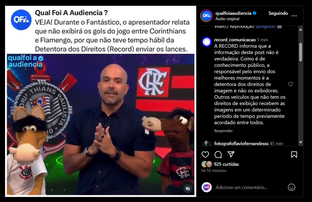 Publicação do perfil Qual Foi A Audiência sende desmentido pela RECORD