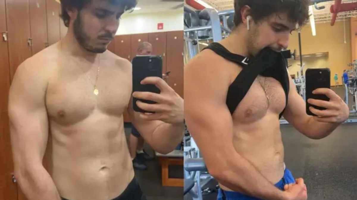 João Augusto Liberato em duas fotos em camisa mostrando o abdômen trincado 