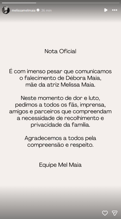 Nota oficial de Mel Maia