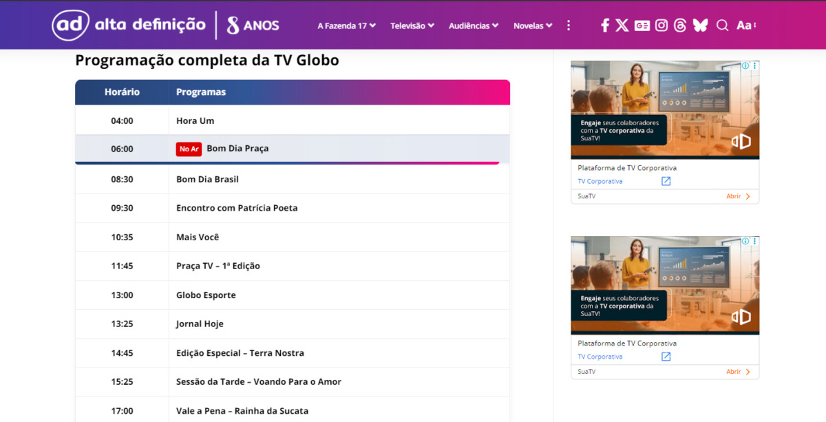 Tabela com o novo layout de Programações de TV no Portal Alta Definição mostrando uma linha do tempo e o que está passando ao vivo