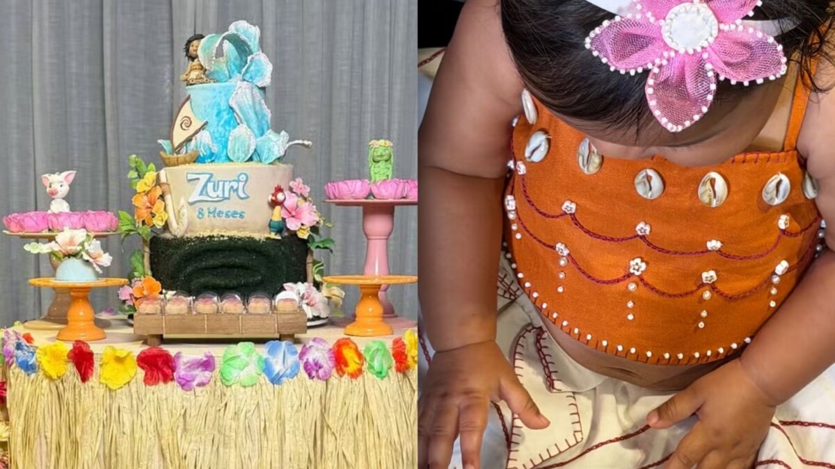 Montagem com registros da decoração e do vestido no mesversário de Zuri com o tema Moana 